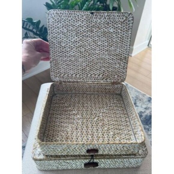 New Set of 2 Flat Woven Wicker Storage Bins with Lid Natural Seagrass Basket - Picture 2 of 4